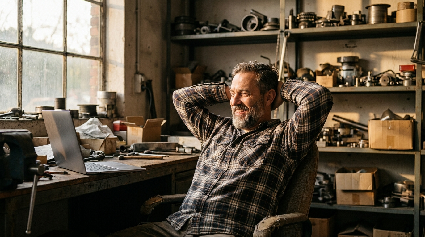 Shop owner relaxed at his workshop desk